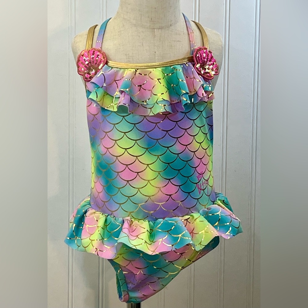 Betsey Johnson One Piece Rainbow Mermaid Swimsuit Metallic Sequins Girl’s 5
